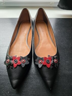 Coach Black Flats with Red & Gray Floral Appliqués
